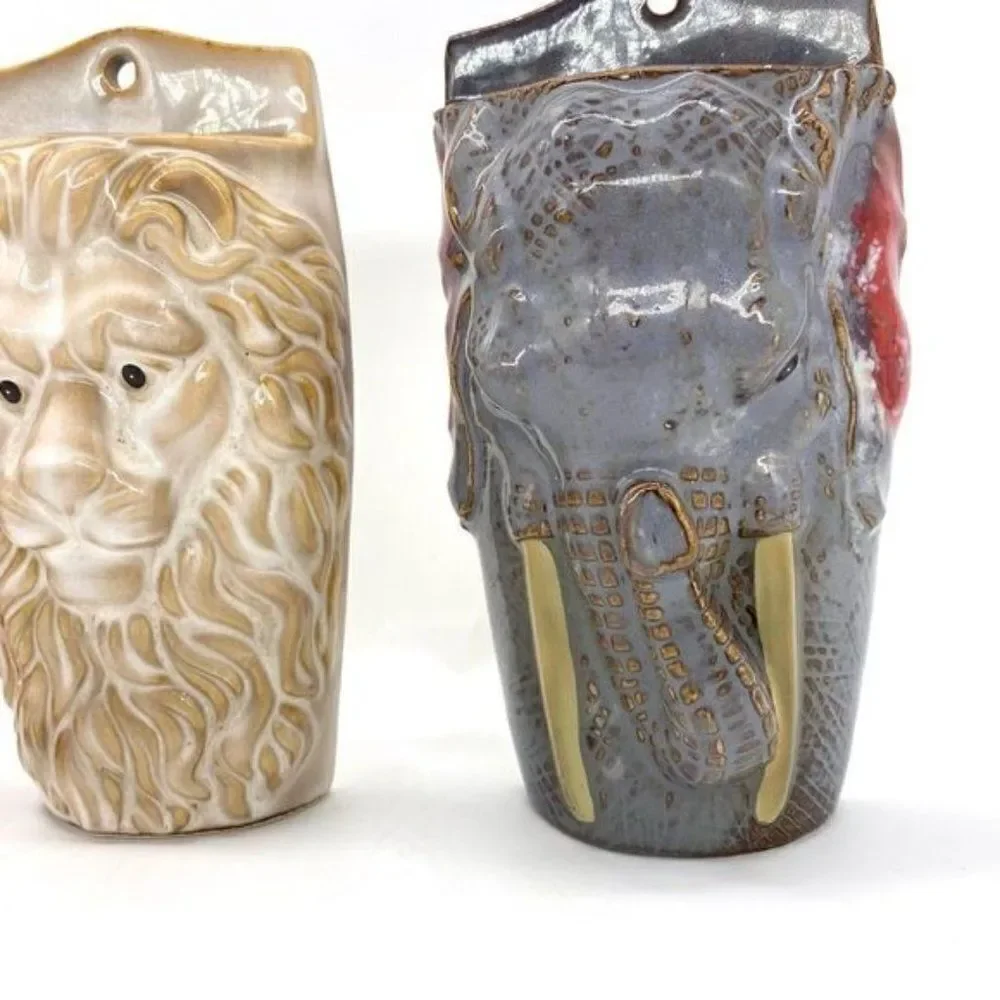 Safari Animals Tiger, Lion and Elephant Head Wall Pocket Vases